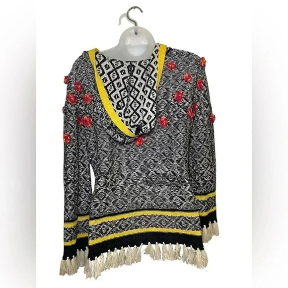 Tory Burch Runway Hooded Sweater XS 100% Linen Fringe Floral Rosette Boho Knit - Picture 3 of 6
